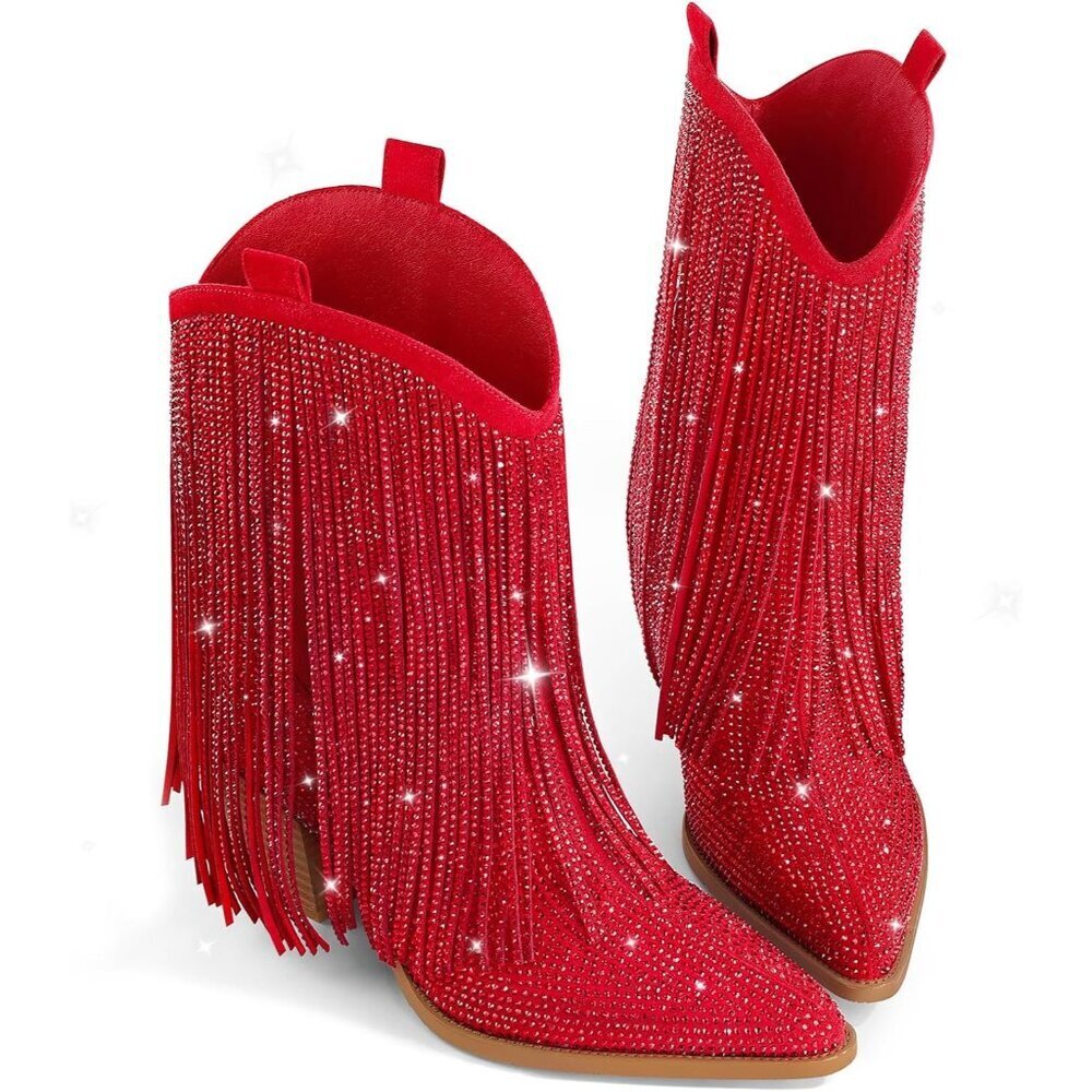 Women's Red Cowgirl Rhinestone Western Boots with Sparkly Fringe Pointed Toe - Picture 6 of 6